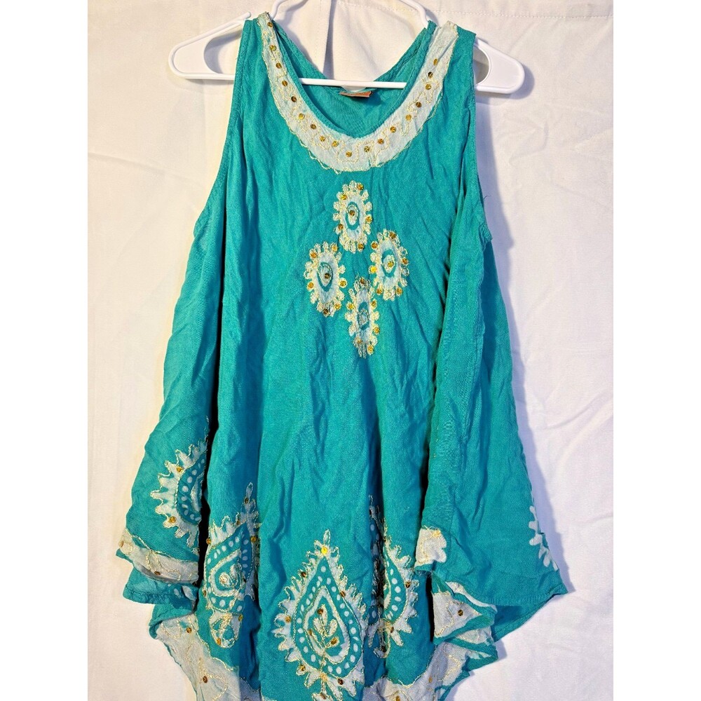 California Woman Free Size Boho Hippie Tunic Top 1X 2X Turquoise Beaded Flaw